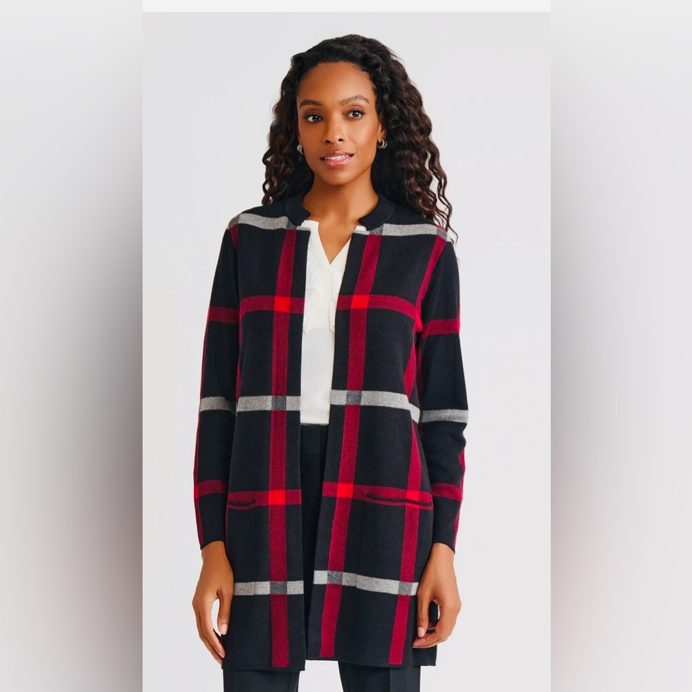 Kasper Nordstrom Open Cardigan Sweater Black Red Plaid NEW